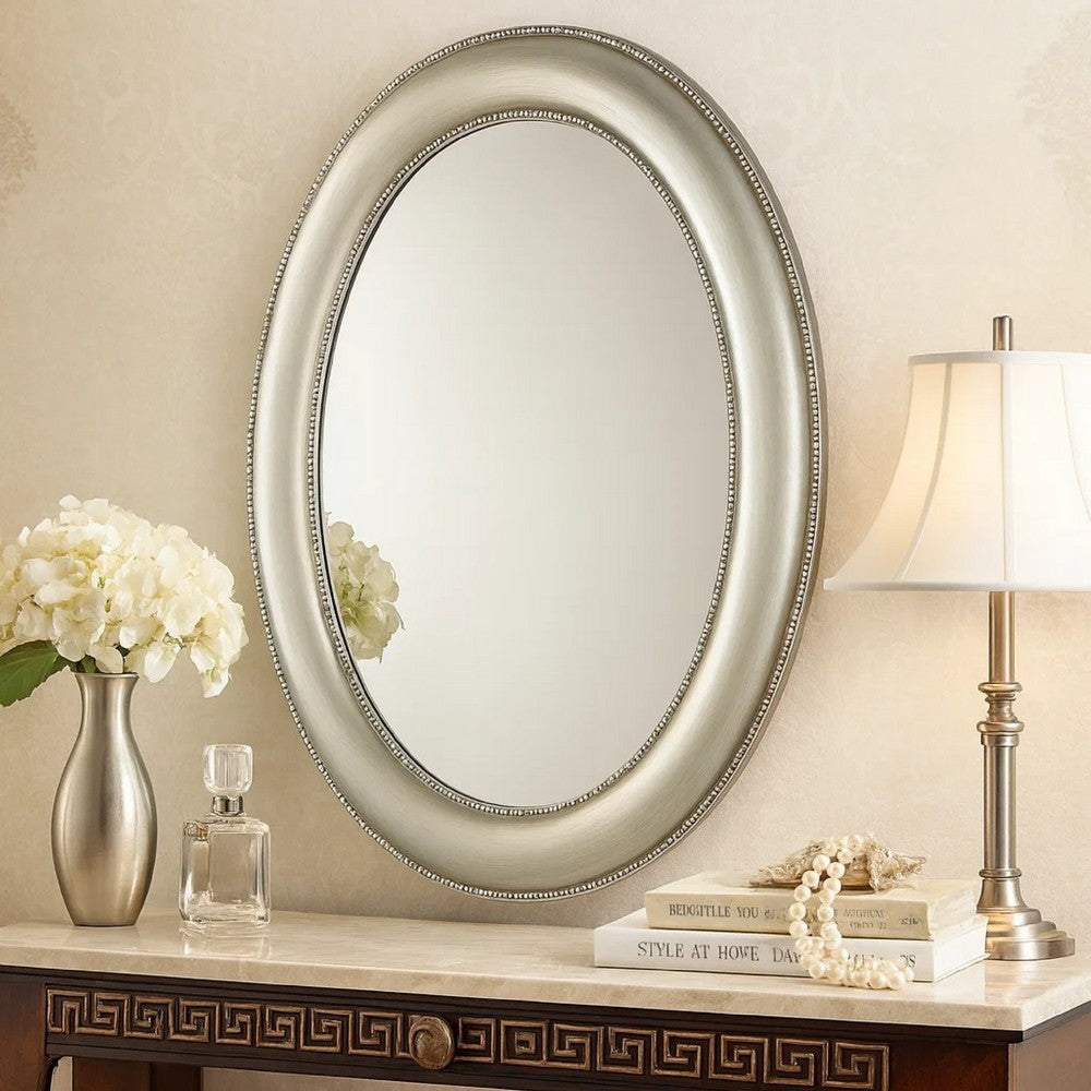 Wall Mirror | 29" | Beaded Oval Frame | Metallic Silver