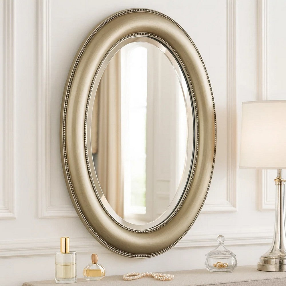 Wall Mirror | 29" | Beaded Oval Frame | Metallic Silver