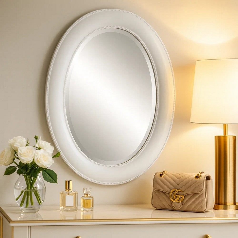 Wall Mirror | 29" | Beaded Oval Frame | White