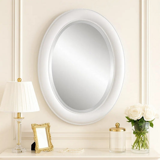 Wall Mirror | 29" | Beaded Oval Frame | White