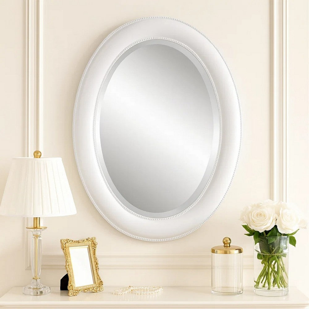 Wall Mirror | 29" | Beaded Oval Frame | White