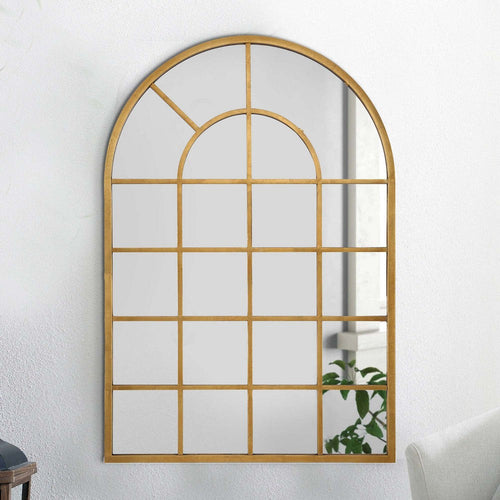 Wall Mirror | 44" | Arched Windowpane | Antique Gold