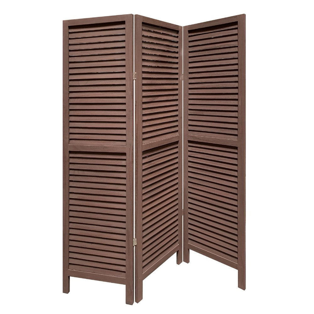 67 Inch 3 Panel Shutter Screen Room Divider, Fitted Slats, Washed Brown