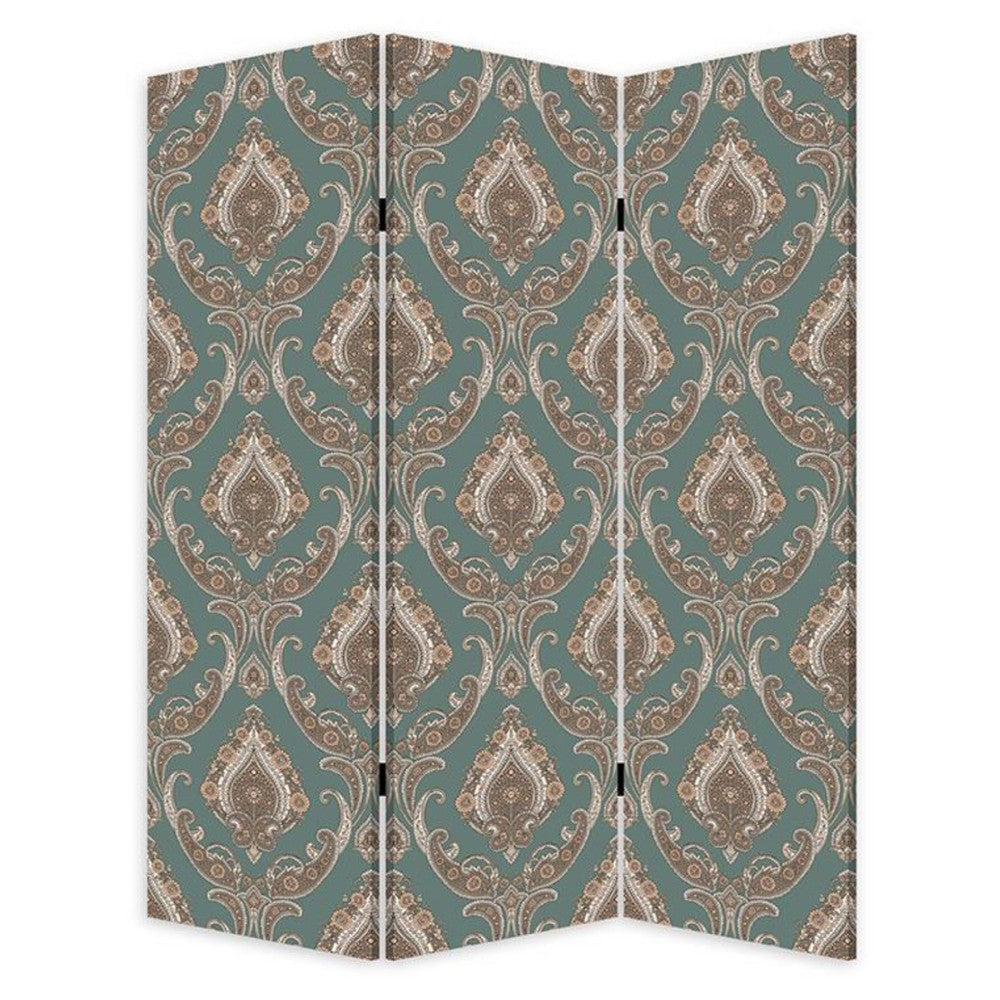 72 Inch 3 Panel Canvas Screen Room Divider Dual Sided Baroque White Brown BM276719