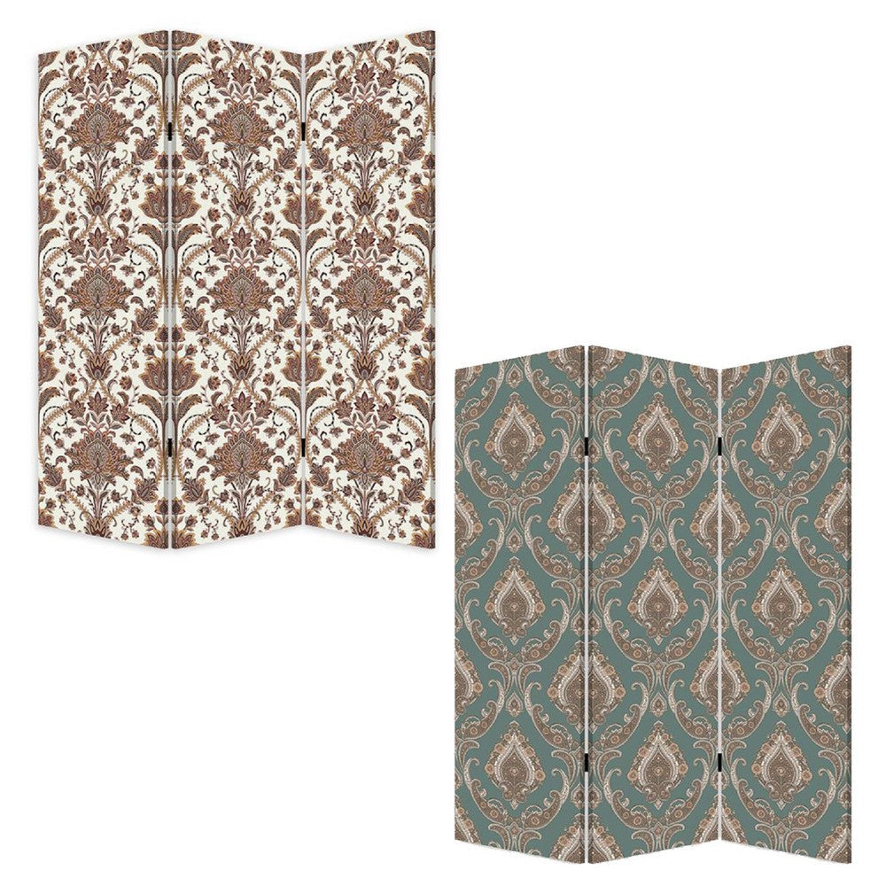 72 Inch 3 Panel Canvas Screen Room Divider Dual Sided Baroque White Brown BM276719