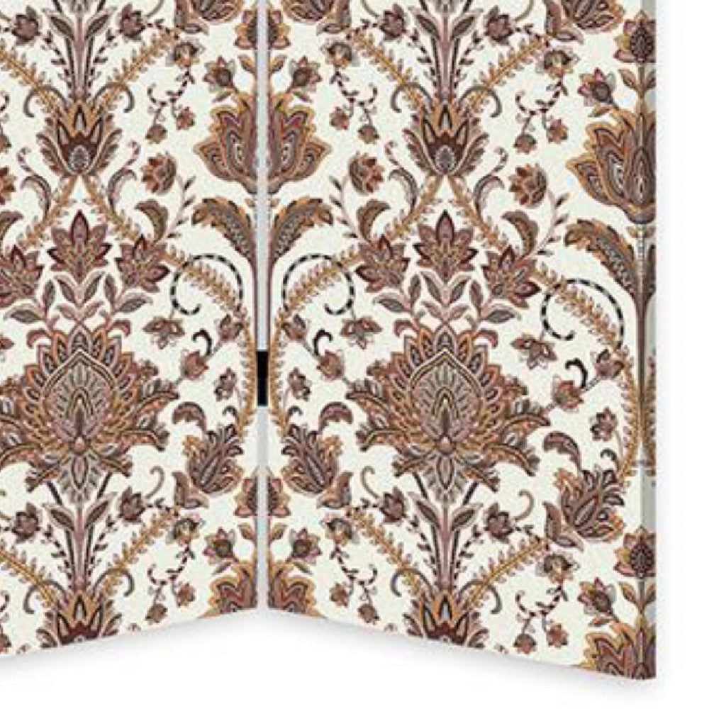 72 Inch 3 Panel Canvas Screen Room Divider Dual Sided Baroque White Brown BM276719