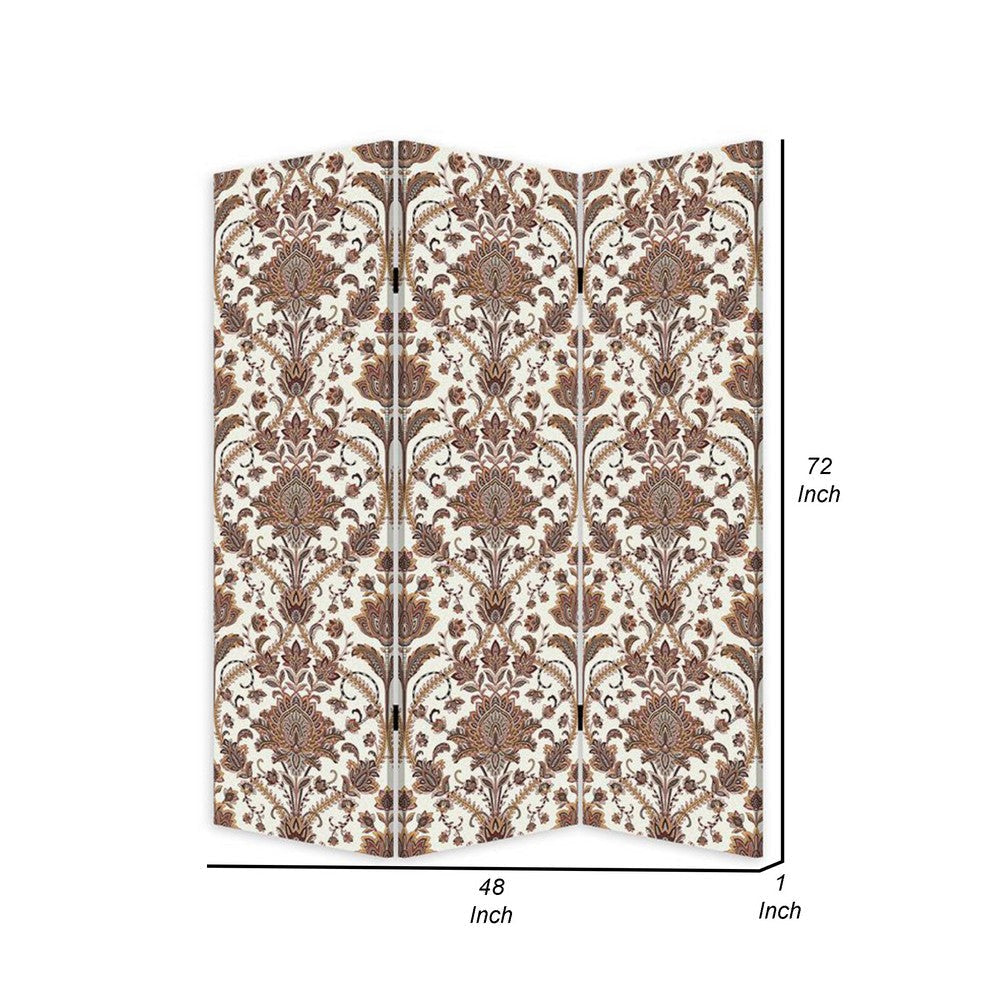 72 Inch 3 Panel Canvas Screen Room Divider Dual Sided Baroque White Brown BM276719