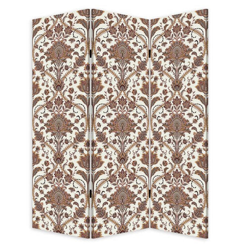 72 Inch 3 Panel Canvas Screen Room Divider, Dual Sided Baroque, White Brown