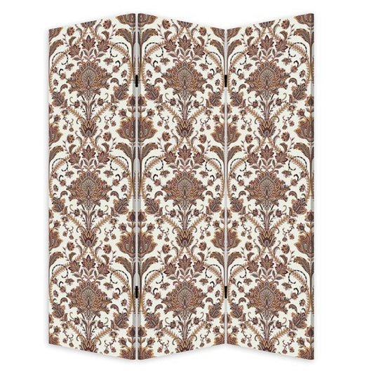 72 Inch 3 Panel Canvas Screen Room Divider, Dual Sided Baroque, White Brown