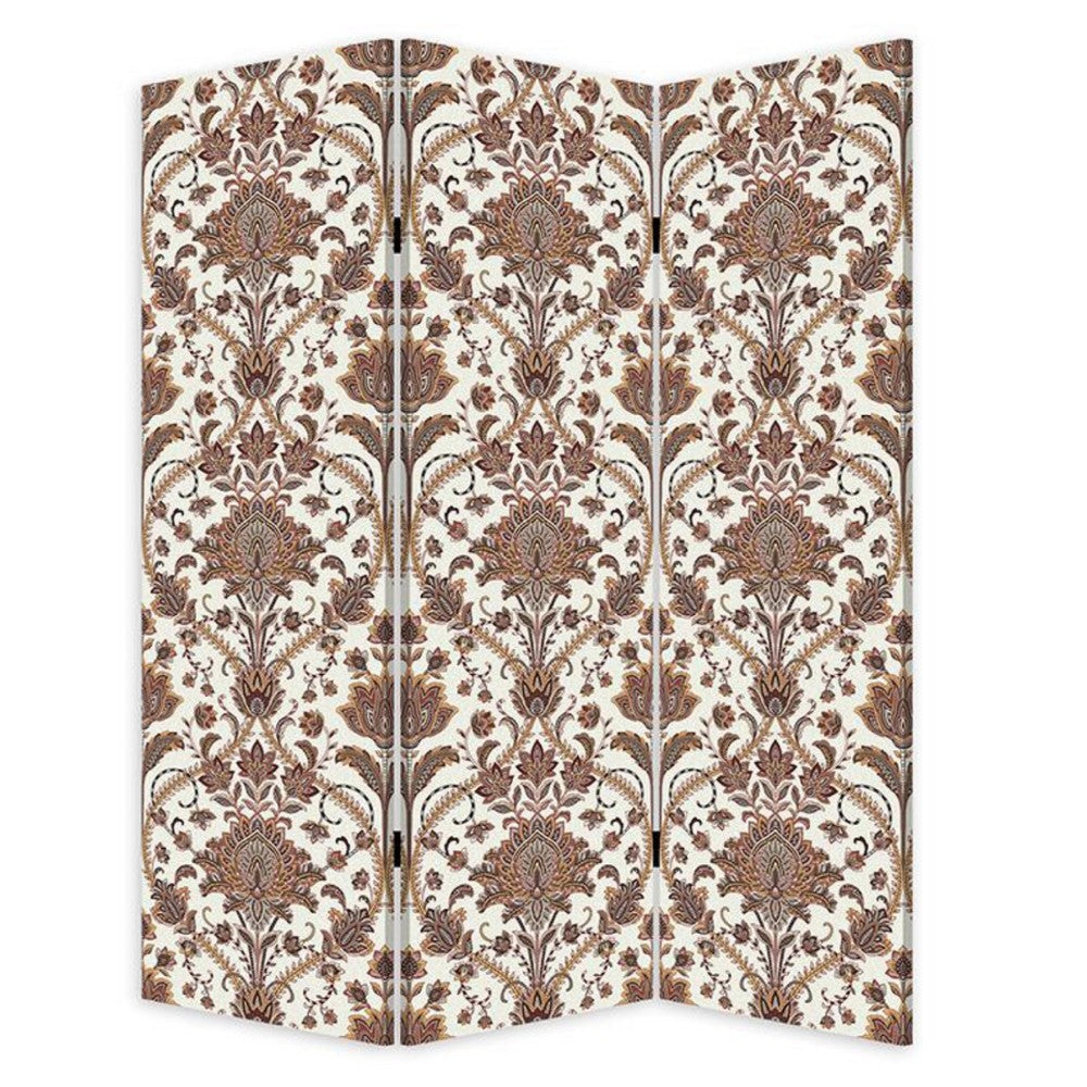 72 Inch 3 Panel Canvas Screen Room Divider, Dual Sided Baroque, White Brown