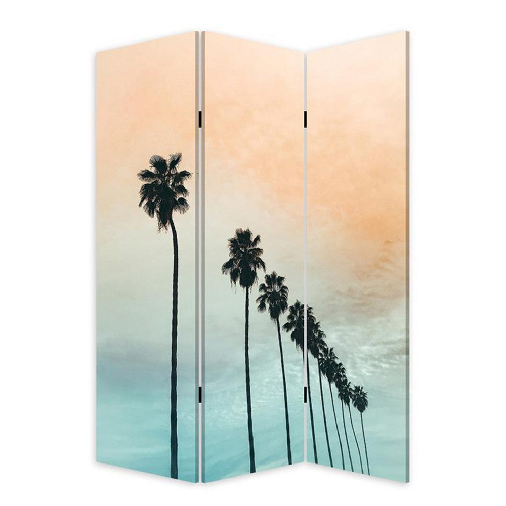 72 Inch 3 Panel Canvas Foldable Room Divider Blue Sky Palm Trees Black BM276720