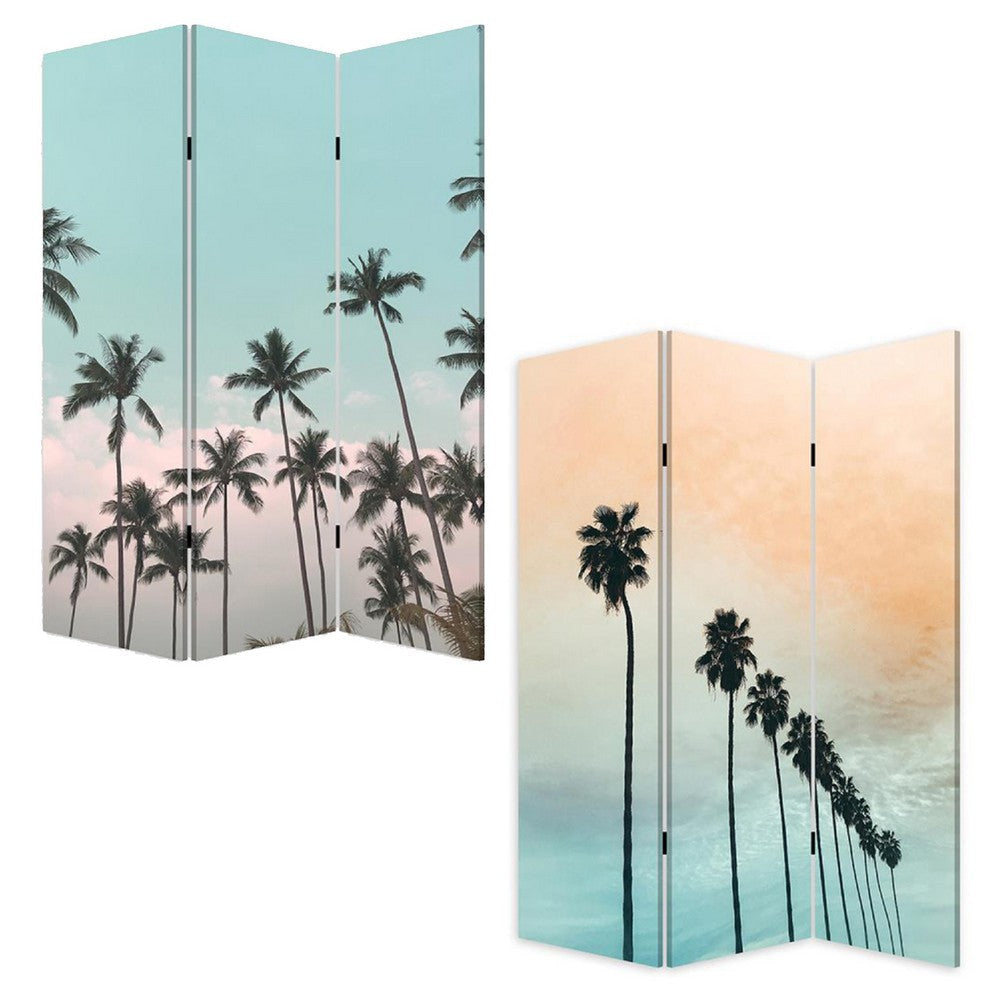 72 Inch 3 Panel Canvas Foldable Room Divider Blue Sky Palm Trees Black BM276720