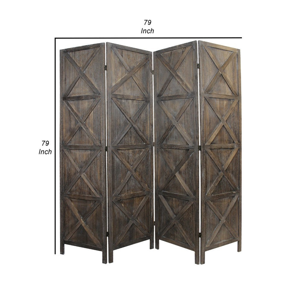79 Inch Wood 4 Panel Screen Room Divider Crossed Accents Brown BM276723