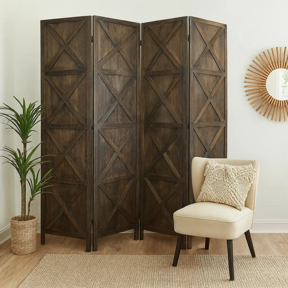 79 Inch Wood 4 Panel Screen Room Divider, Crossed Accents, Brown