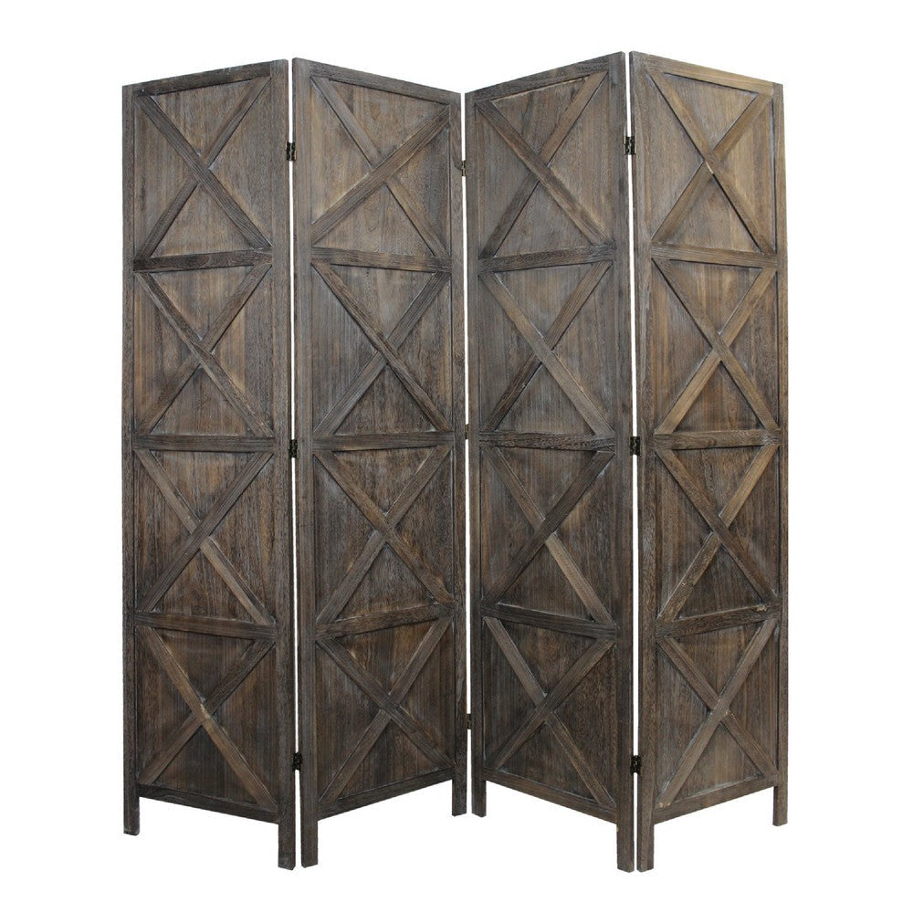 79 Inch Wood 4 Panel Screen Room Divider, Crossed Accents, Brown