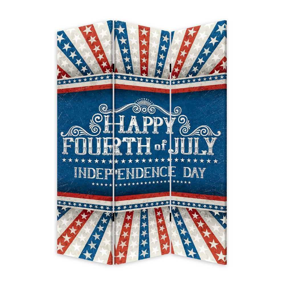 72 Inch 3 Panel Canvas Room Divider, Independence Day, Flag, Blue, Red