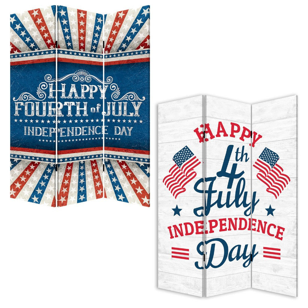 72 Inch 3 Panel Canvas Room Divider Independence Day Flag Blue Red BM276726