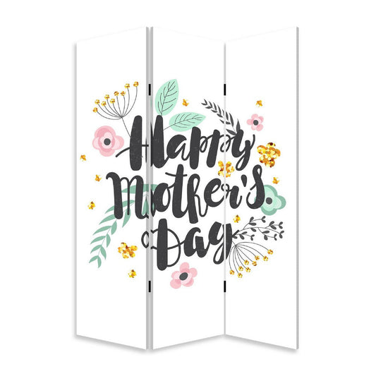 72 Inch 3 Panel Canvas Room Divider, Black Painted Mothers Day, White
