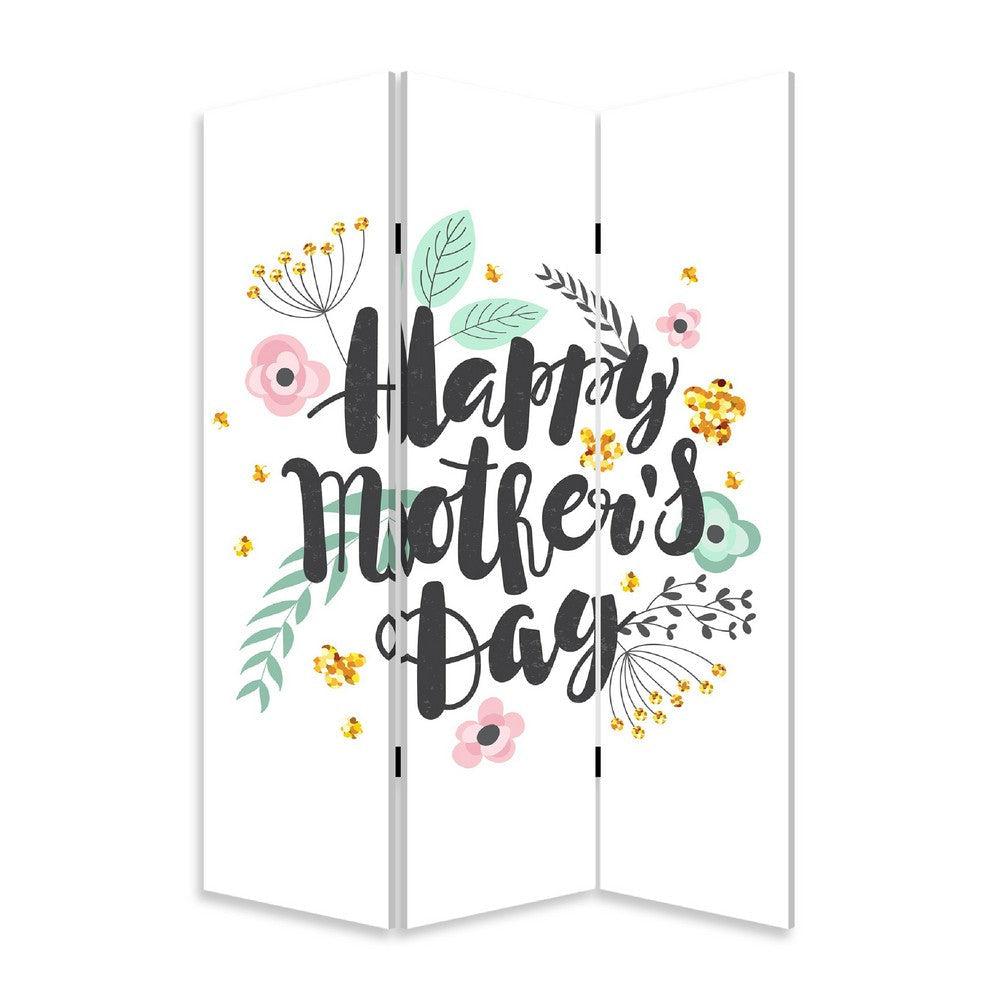72 Inch 3 Panel Canvas Room Divider, Black Painted Mothers Day, White