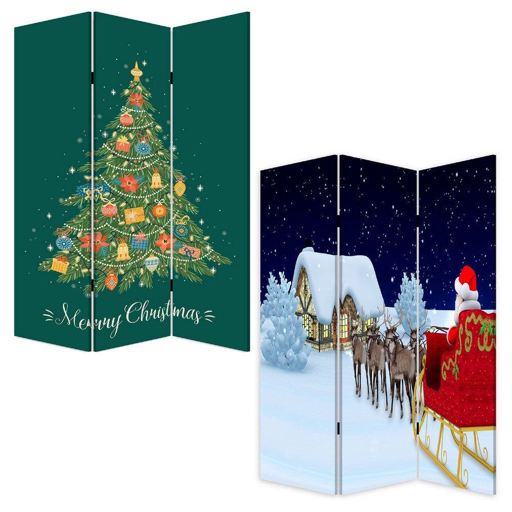 72 Inch 3 Panel Canvas Screen Room Divider Painted Christmas Tree Green BM276728