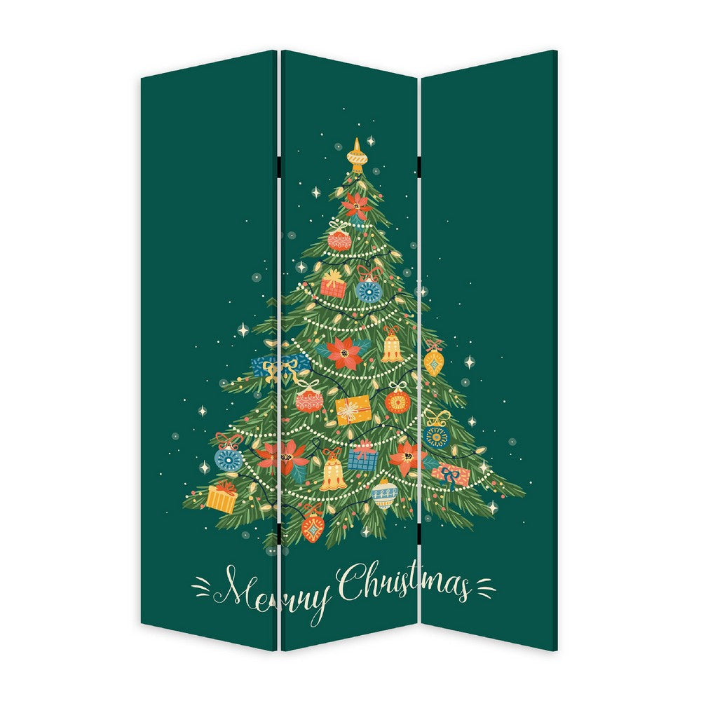 72 Inch 3 Panel Canvas Screen Room Divider, Painted Christmas Tree, Green