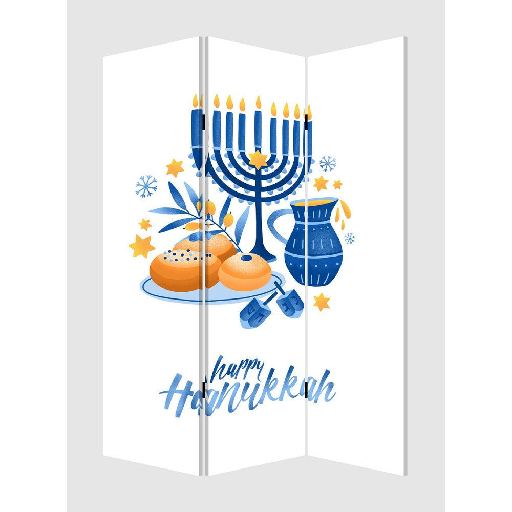 72 Inch 3 Panel Canvas Foldable Room Divider Hanukkah Symbol Multicolor BM276729