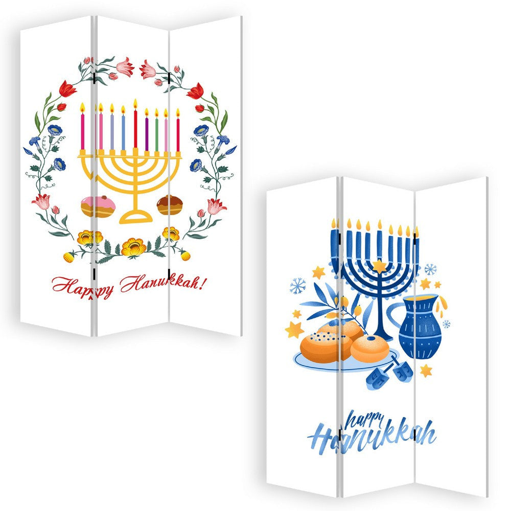 72 Inch 3 Panel Canvas Foldable Room Divider Hanukkah Symbol Multicolor BM276729