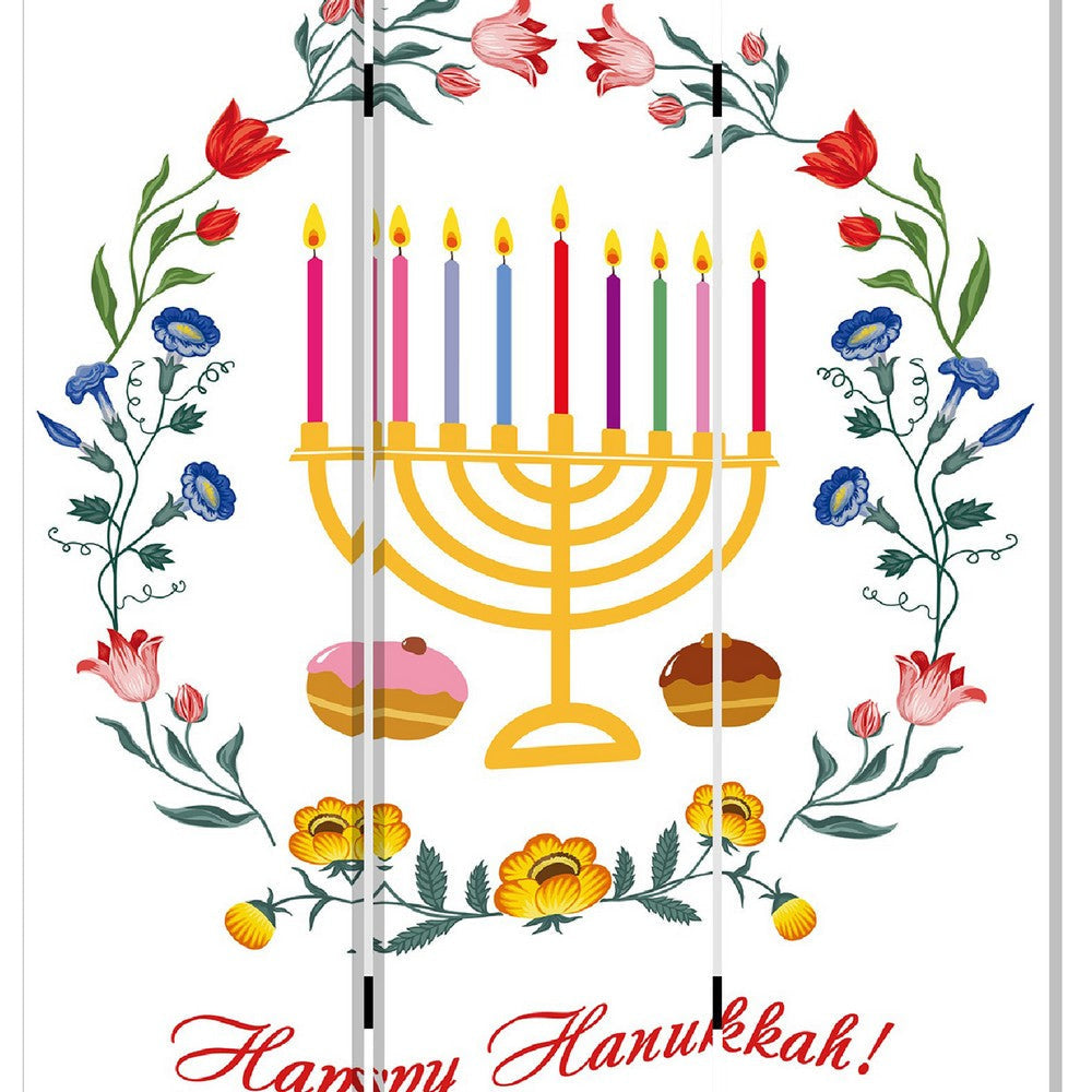 72 Inch 3 Panel Canvas Foldable Room Divider Hanukkah Symbol Multicolor BM276729