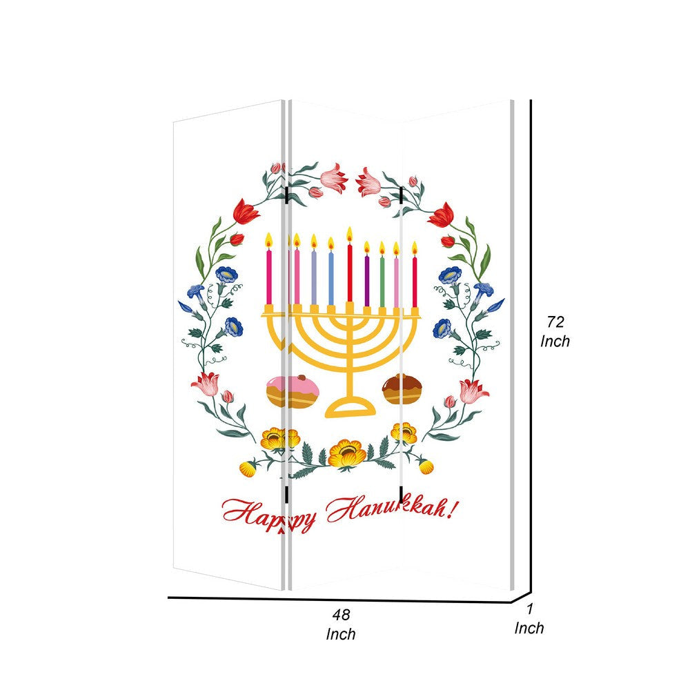 72 Inch 3 Panel Canvas Foldable Room Divider Hanukkah Symbol Multicolor BM276729