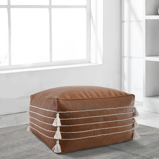 Pouf | 24" Square | Vegan Faux Leather | Tassels | Brown
