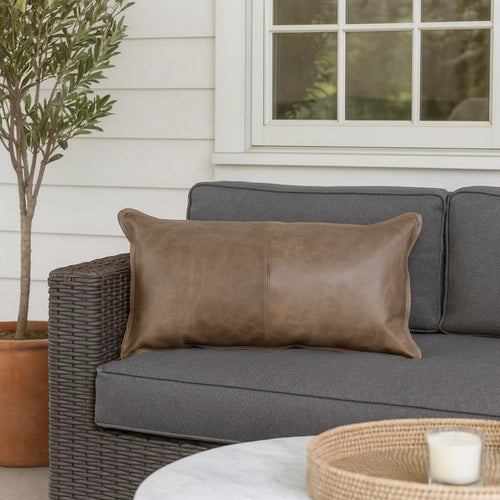 Norm Lumbar Pillow | 26" | Stitched Leather | Taupe Brown