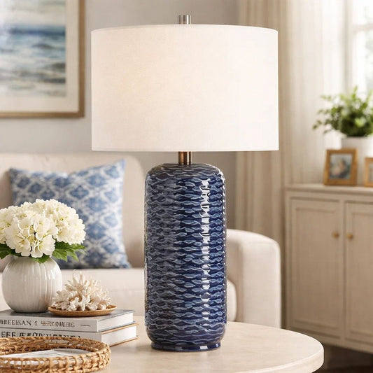 Table Lamp | 27" | Ceramic | Wavy Texture | Blue, Silver, White