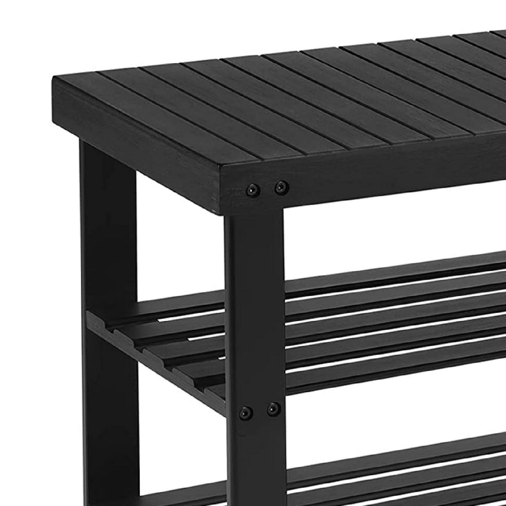 Roy 28 Inch Shoe Bench, 2 Tier Storage Rack, Bamboo Frame, Black By Casagear Home