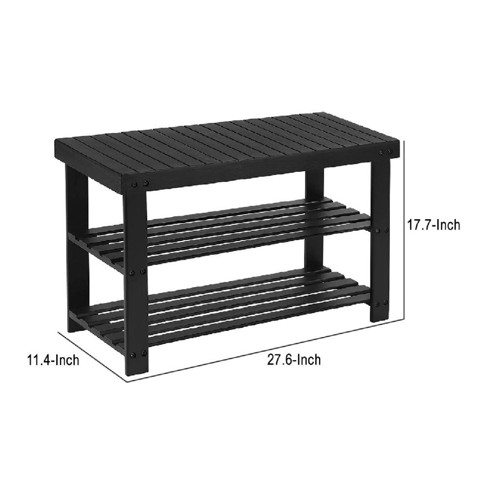 Roy 28 Inch Shoe Bench, 2 Tier Storage Rack, Bamboo Frame, Black By Casagear Home