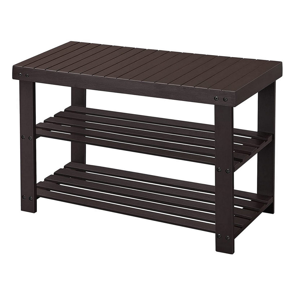 Roy 28 Inch Shoe Bench, 2 Tier Storage Rack, Bamboo Frame, Espresso Brown By Casagear Home