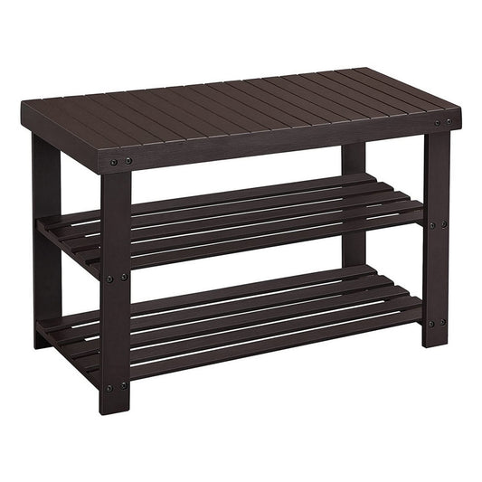 Roy 28 Inch Shoe Bench, 2 Tier Storage Rack, Bamboo Frame, Espresso Brown By Casagear Home