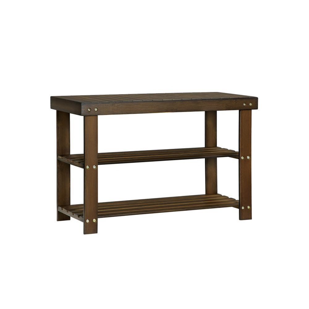 Roy 28 Inch Shoe Bench 2 Tier Storage Rack Bamboo Frame Walnut Brown By Casagear Home BM277151