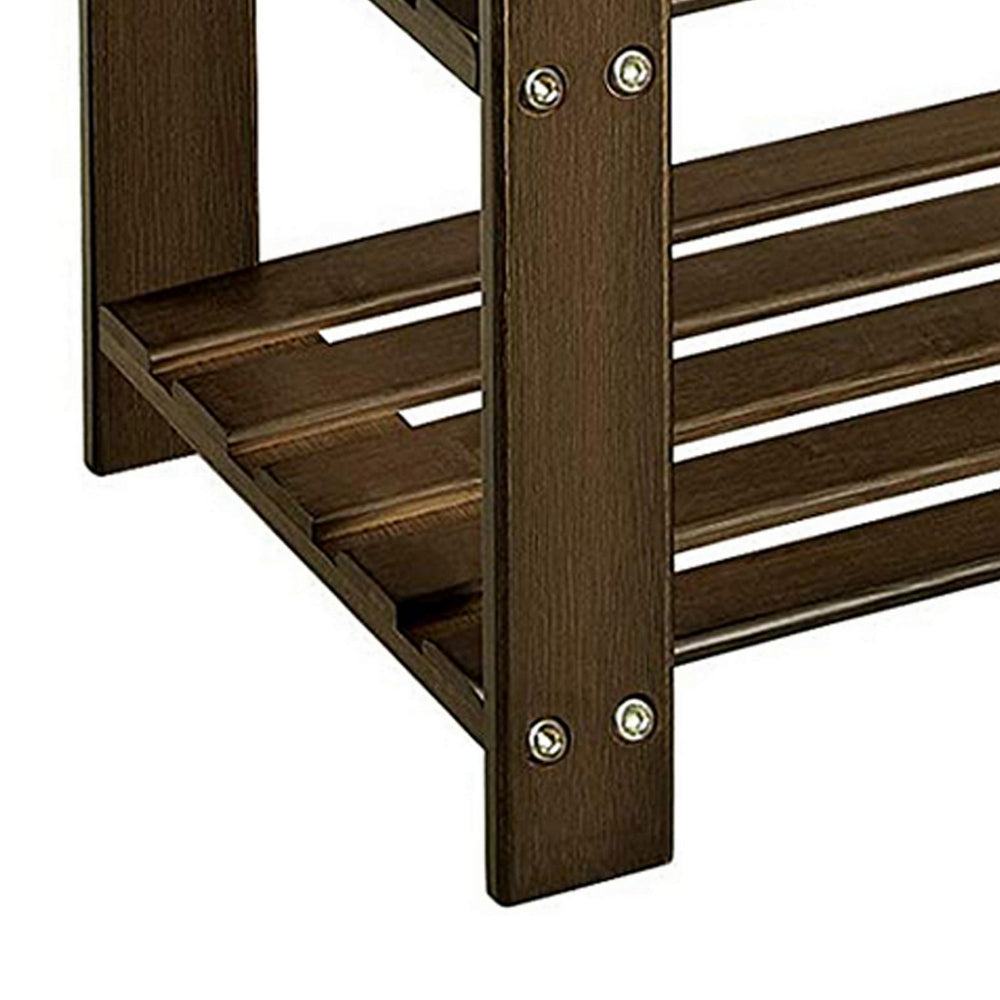 Roy 28 Inch Shoe Bench, 2 Tier Storage Rack, Bamboo Frame, Walnut Brown By Casagear Home