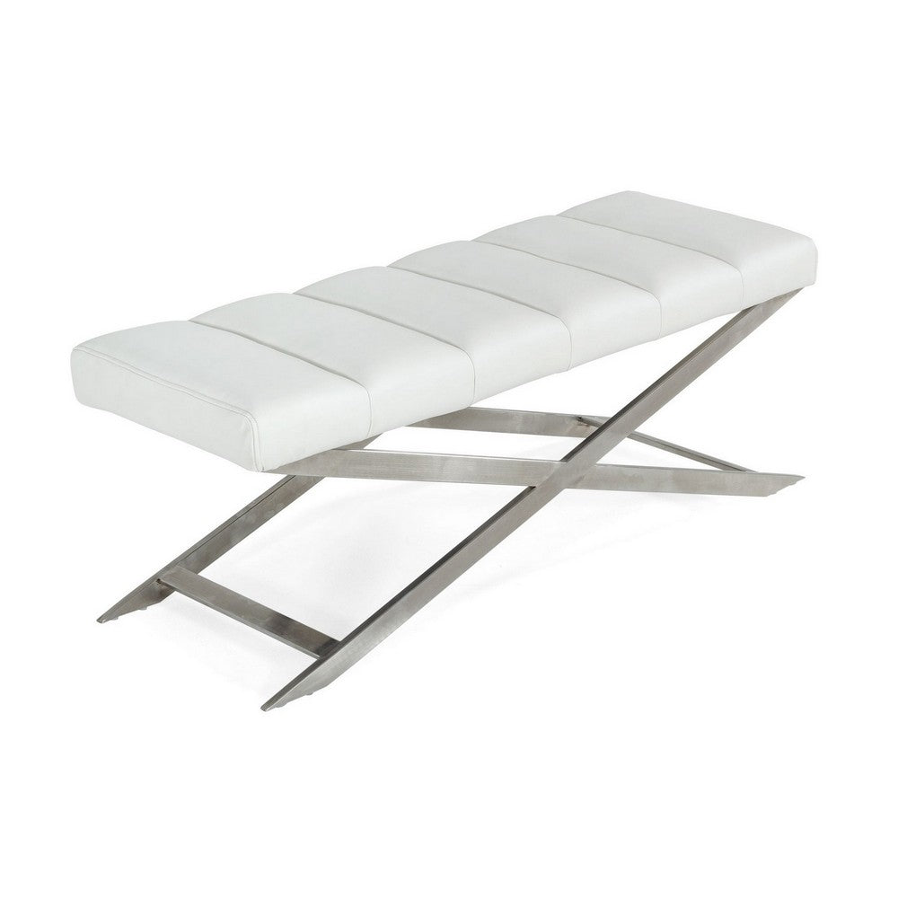 Cid 47 Inch Vegan Faux Leather Bench with Steel Legs, White, Silver By Casagear Home