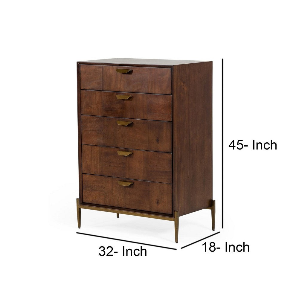Cid 45 Inch Modern Tall Tuscany Dresser Chest, 5 Drawers, Brass, Brown By Casagear Home