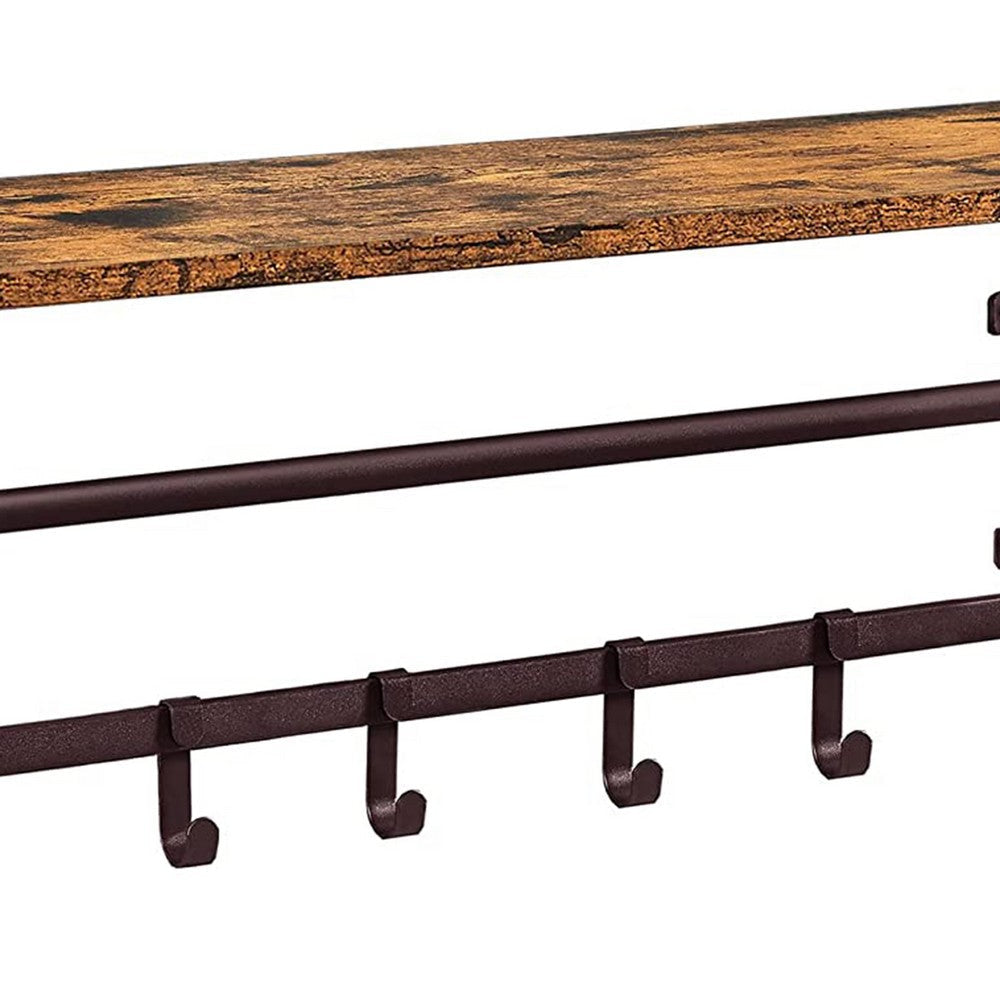 31 Inch Wall Mount Coat Rack Wood Metal 1 Rod 5 Hooks Brown Black By Casagear Home BM277373