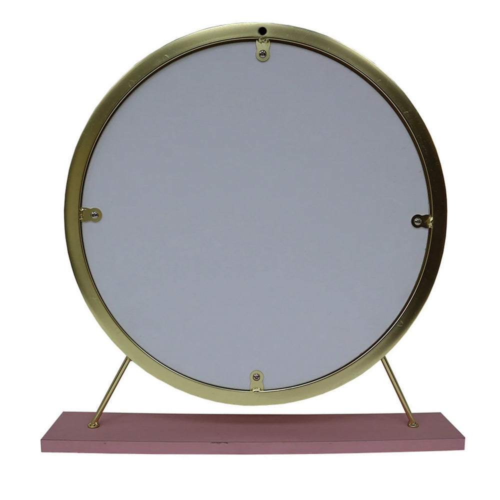 Rose Round Vanity Mirror with Stool Faux Fur Seat Brass. Pink