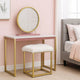 Rose Round Vanity Mirror with Stool, Faux Fur Seat, Brass. Pink