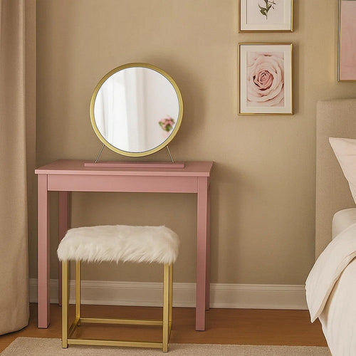 Rose Round Vanity Mirror with Stool, Faux Fur Seat, Brass. Pink