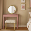 Rose Round Vanity Mirror with Stool, Faux Fur Seat, Brass. Pink