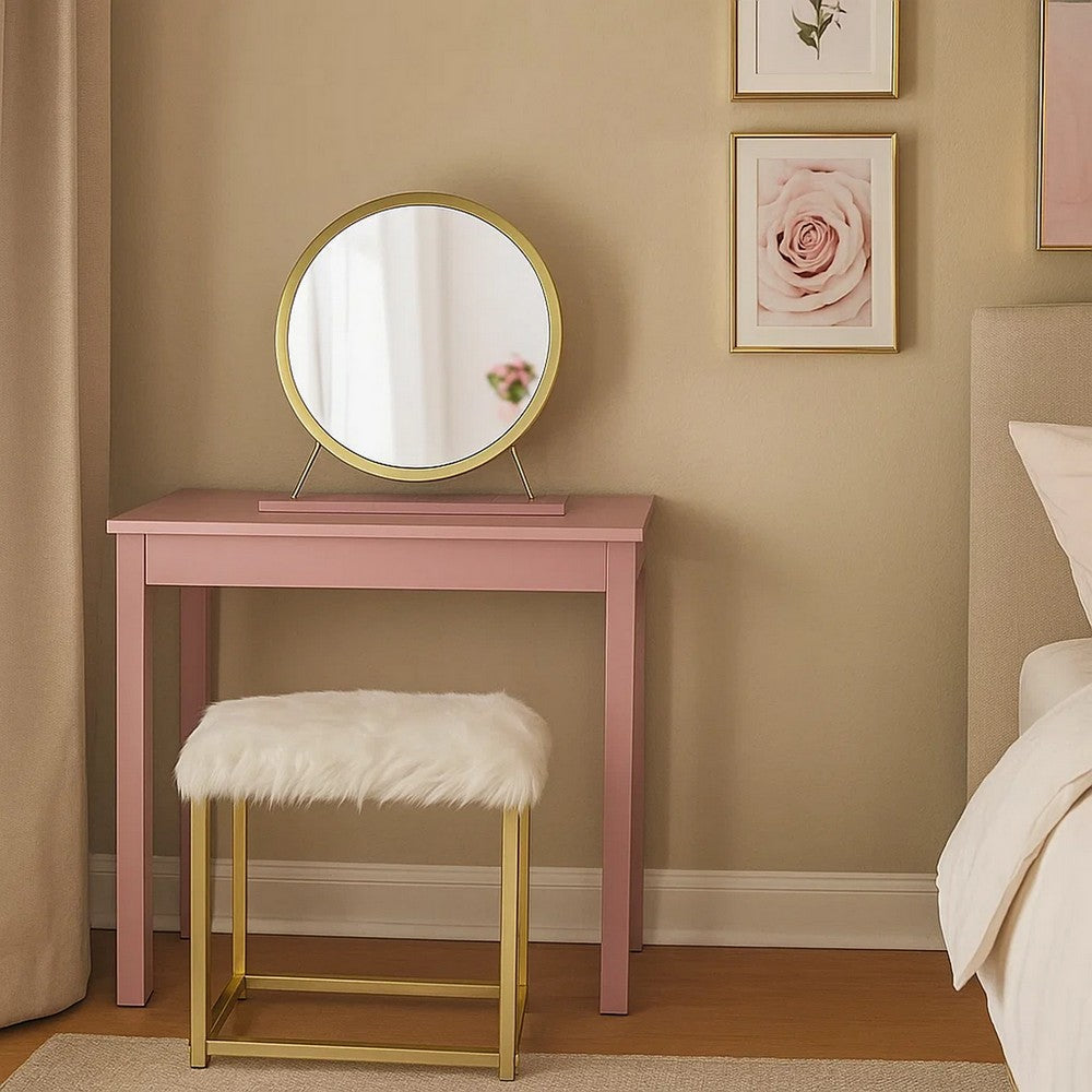 Rose Round Vanity Mirror with Stool, Faux Fur Seat, Brass. Pink
