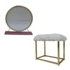 Rose Round Vanity Mirror with Stool, Faux Fur Seat, Brass. Pink
