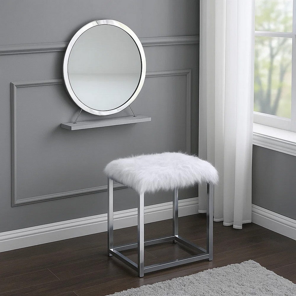 Rose Round Vanity Mirror with Stool, Faux Fur Seat, Gray, White