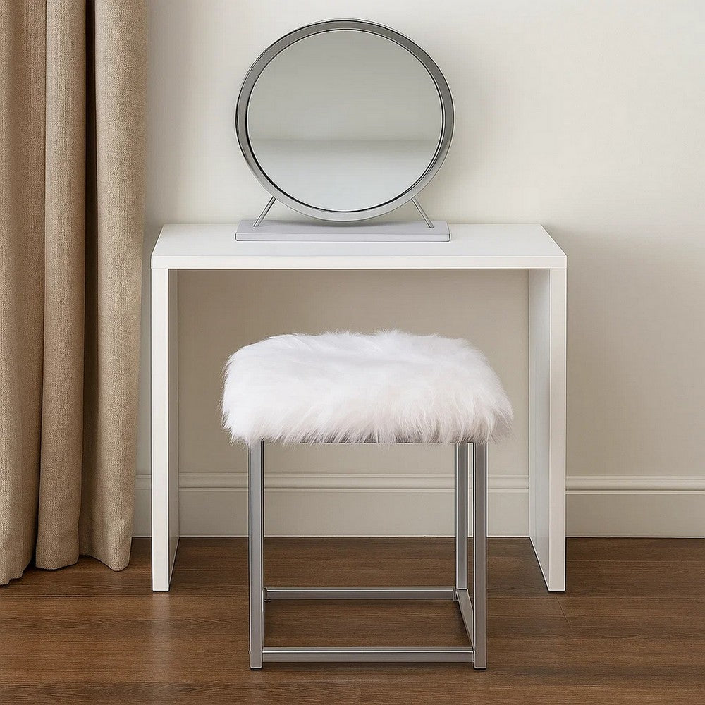Rose Round Vanity Mirror with Stool, Faux Fur Seat, Gray, White