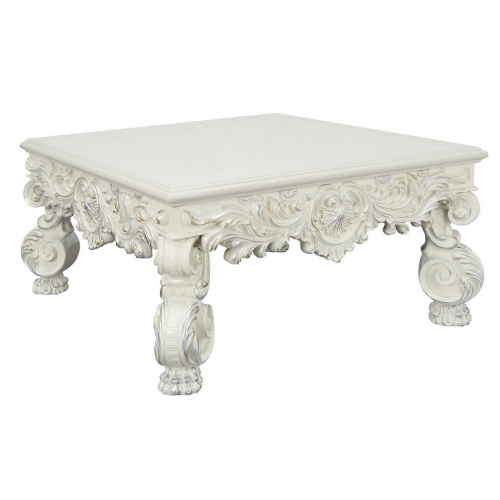 Ataa 50 Inch Square Coffee Table Ornate Floral Carvings Claw Feet White By Casagear Home BM279003